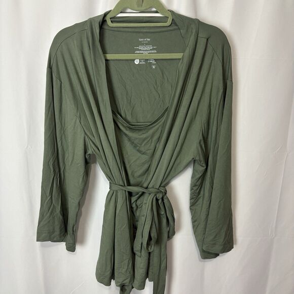 NWOT State of Day L 2-Piece. Fluid-Knit Pajama Set Wrap Robe Tank Organic Green - Picture 1 of 9